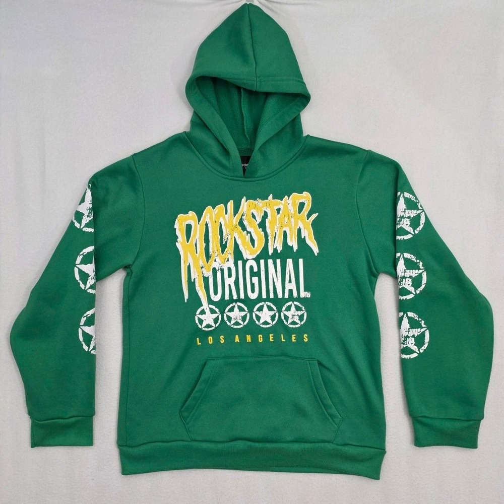Rockstar Original Boys Hoodie Size 14 Green Graphic Fleece Streetwear Sweatshirt